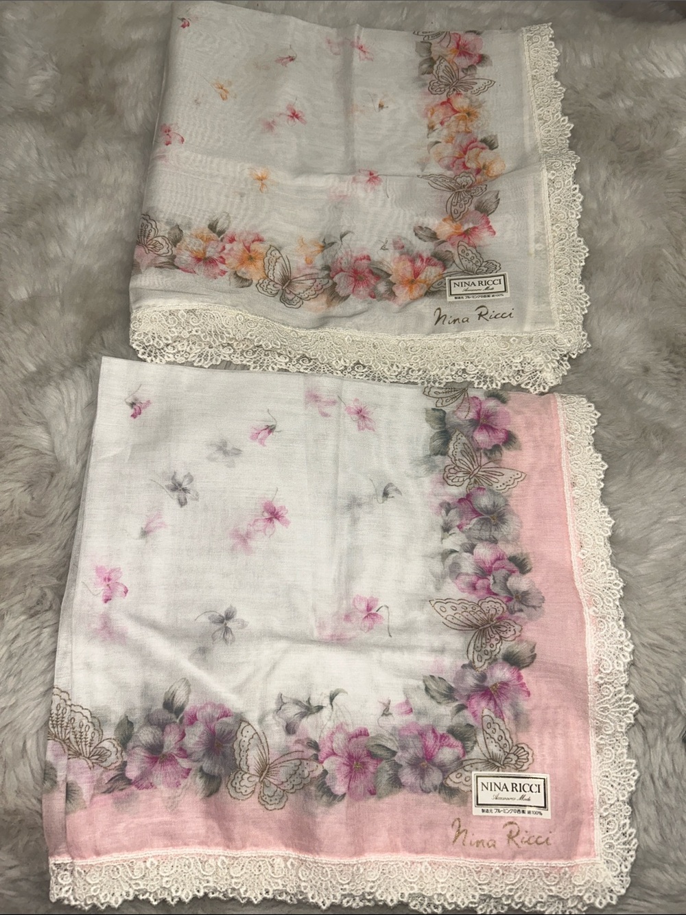 Nina Ricci 2 Butterfly Scarves or Handkerchiefs in pink and orange lace